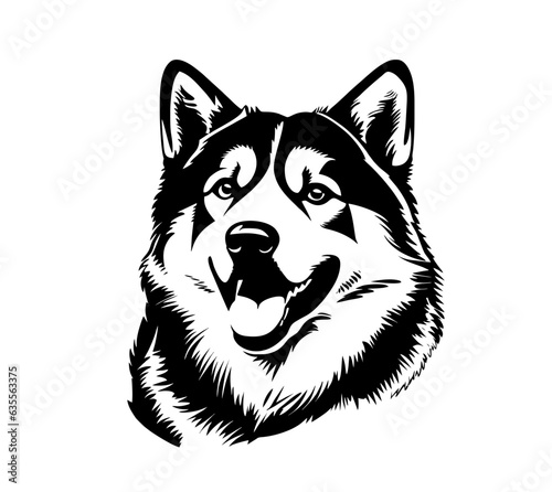 Vector isolated one single Husky dog head front view black and white bw two colors silhouette. Template for laser engraving or stencil