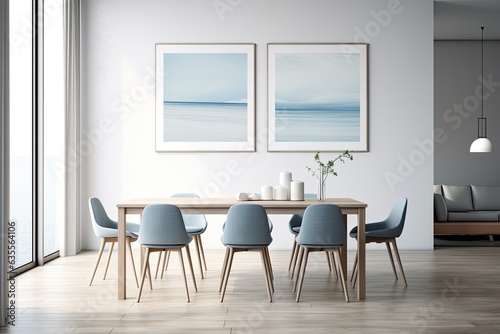 Minimalist dining room with white table, blue chair, and poster frames.