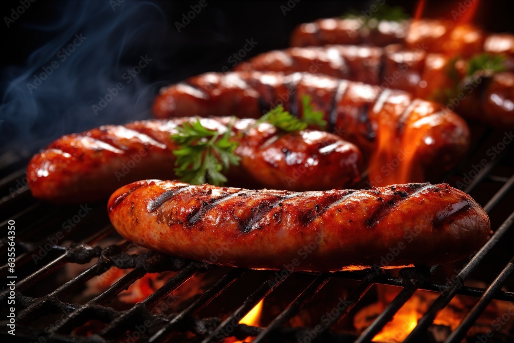 Delicious grilled sausages on grill.