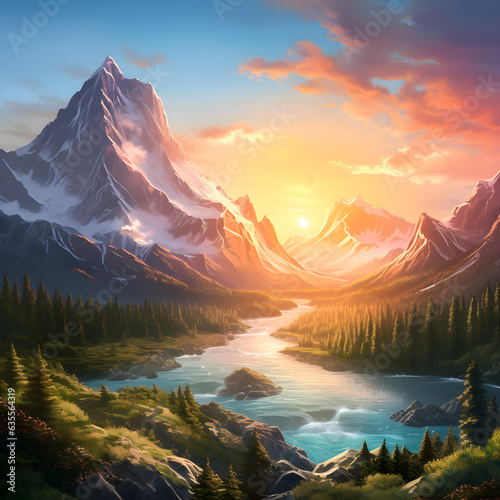 generative ai illustration view spring sunset summer beautiful nature, green grasslands meadow, forest, scenic blue lake, mountains on horizon background