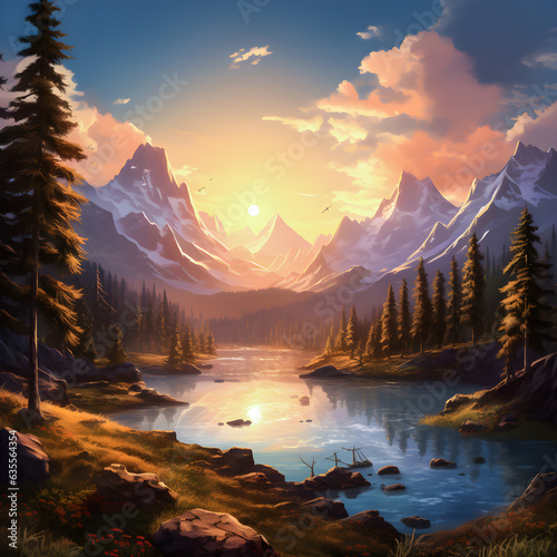 generative ai illustration view spring sunset summer beautiful nature, green grasslands meadow, forest, scenic blue lake, mountains on horizon background © kaewphoto