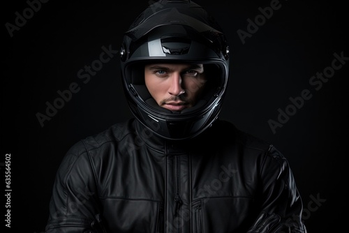 Motorcyclist posing in a black helmet. © Bargais