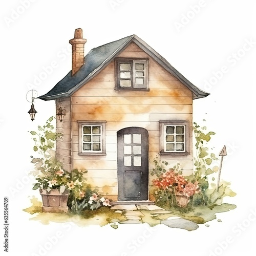 small house among flowers, mini flowery cottage watercolor illustration on white background © Iryna