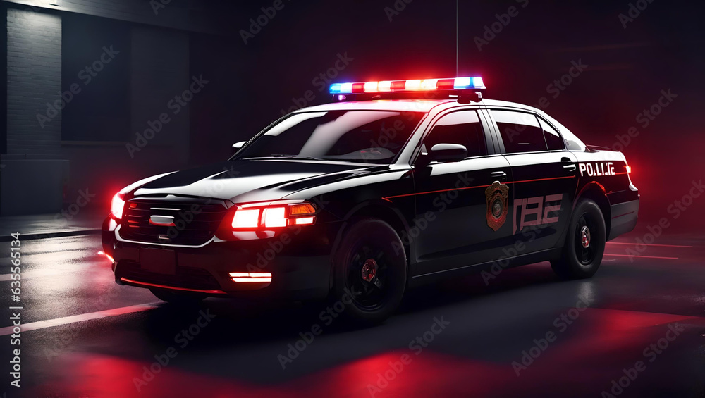 3D illustration of a police car with its red light flasher activated, Generative AI 3D illustration of a police car with its red light flasher activated, Generative AI