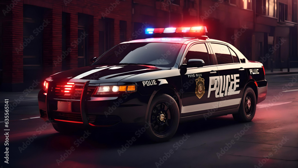 3D illustration of a police car with its red light flasher activated, Generative AI