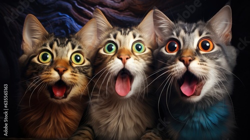 Cats, Open mouth, Surprised, Amazed, Incredulous, Astonished, Shocked, Tongue, Wallpaper. THE WOW CATS! Three little amazed felins with tongues out of the mouth. photo