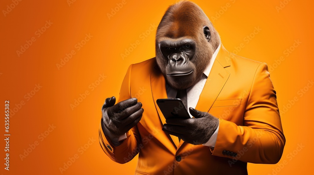 The Expert. Ironic portrait of a gorilla in suit and tie grappling with technological advancement trying to figure out where the problem is on its smartphone. - obrazy, fototapety, plakaty 