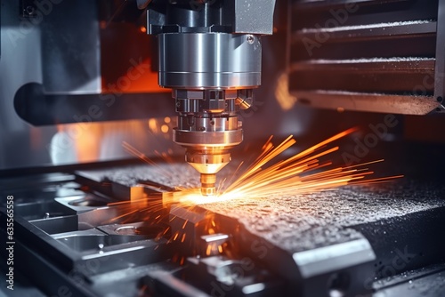 Metalworking CNC milling machine. Cutting metal modern processing technology.