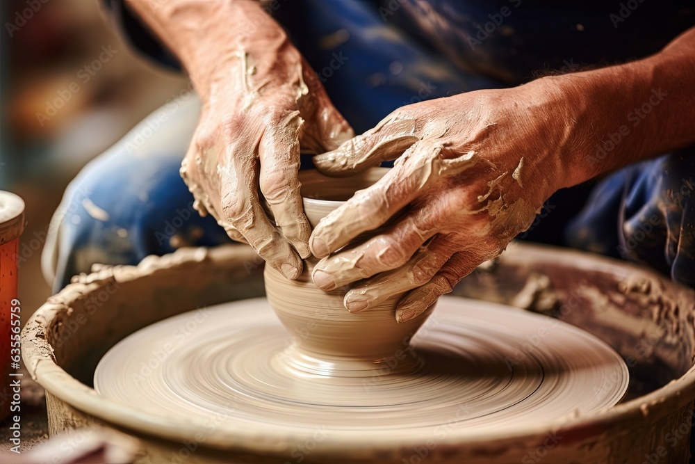 Person is making bowl on potter's wheel with their hands. Person is making bowl on potter's wheel with their hands.