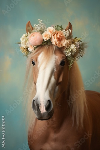 Portrait of horse with flower crown.