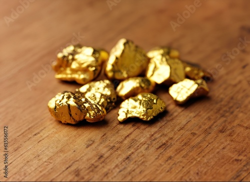 Heap of Gold Nuggets on Wooden Surface for Background, Closup of Mineral Pure Gold