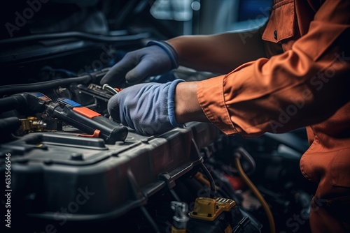 Technician Hands of car mechanic repair Service electric battery and Maintenance of car battery.