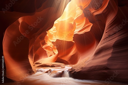 The light is shining through an open slit of a canyon.