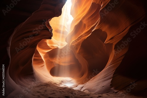 The light is shining through an open slit of a canyon.