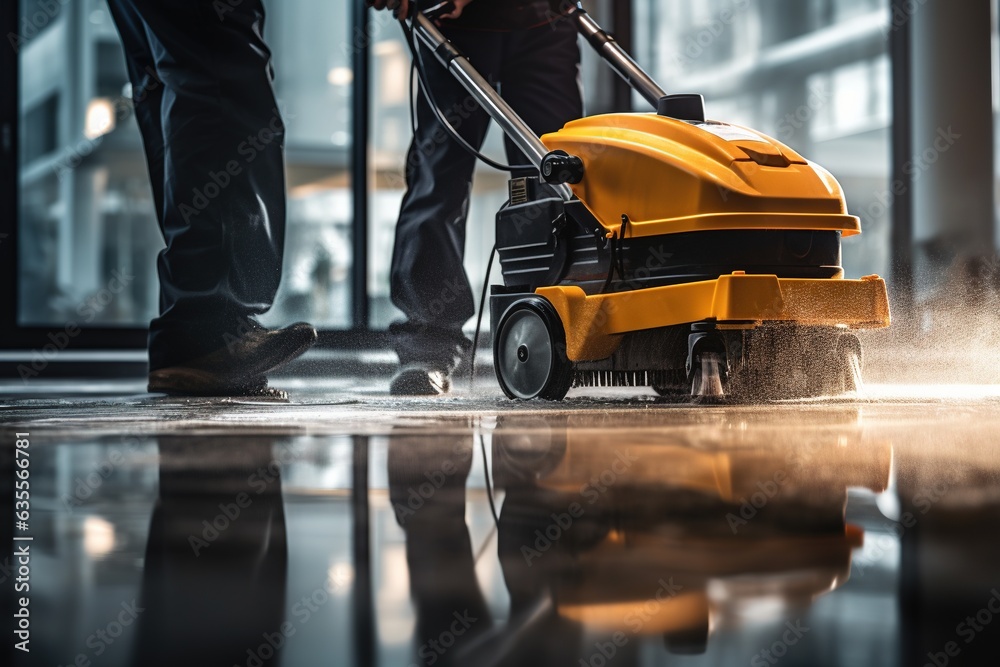 Fototapeta premium Worker washing office floor with cleaning machine.