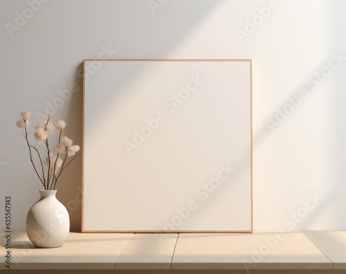 three dimensional mockup of a desk with plants and vase