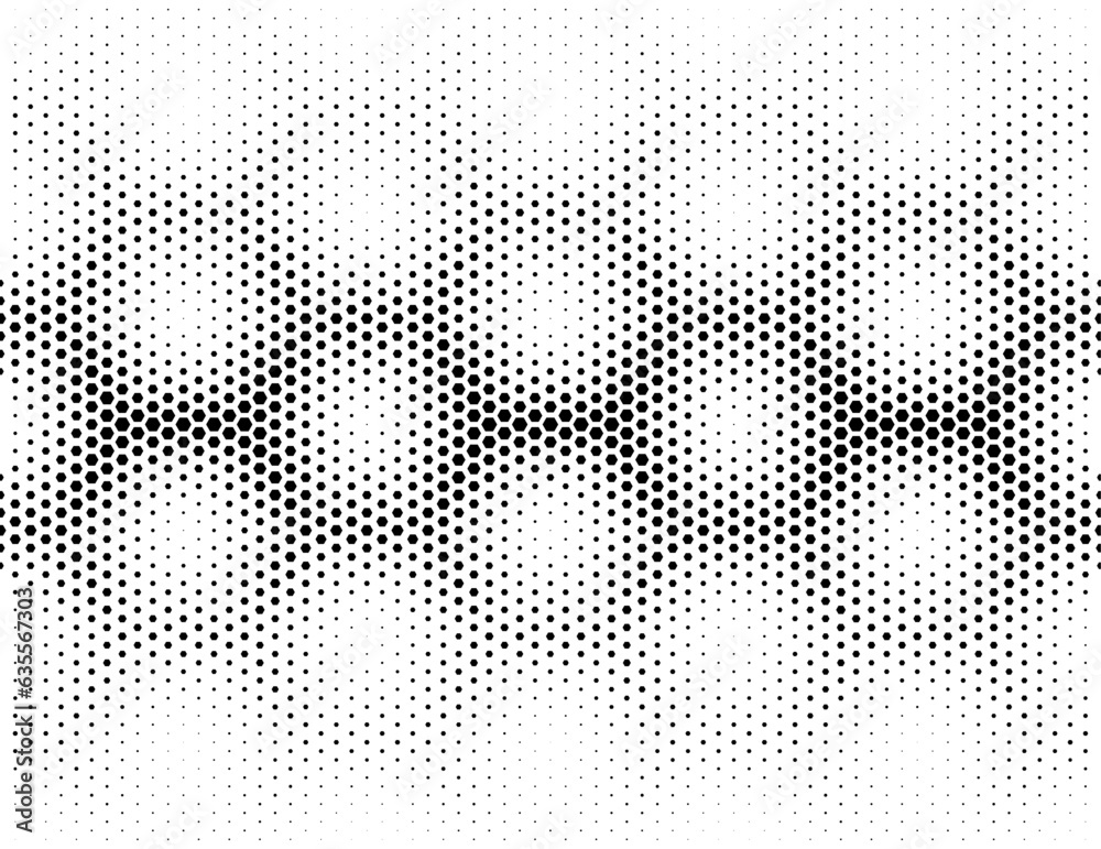 Disappearing seamless halftone vector background. Filled with black hexagones