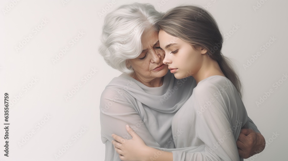 Happy young granddaughter hugging elderly grandmother created with Generative AI technology Happy young granddaughter hugging elderly grandmother created with Generative AI technology
