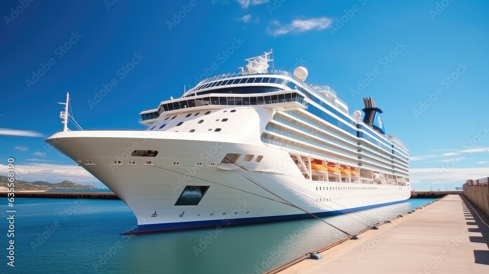 Cruise liner ship in ocean with blue sky, Tourism travel on holiday take a vacation time on summer concept.