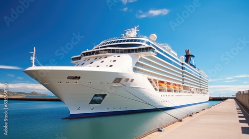 Cruise liner ship in ocean with blue sky, Tourism travel on holiday take a vacation time on summer concept.