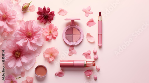 Vászonkép Make-up photo, lipstick, highlighter and eyeshadow palette, beauty products, sha