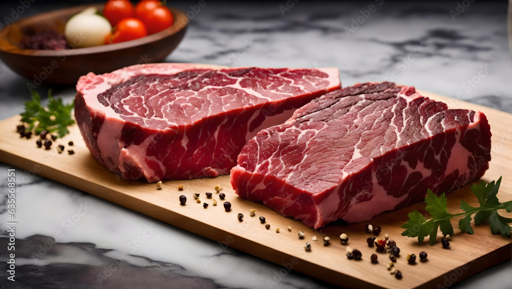 The steak is raw. Barbecue Rib Eye Steak or rump steak on a rustic table with rosemary, Generative AI