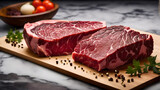 The steak is raw. Barbecue Rib Eye Steak or rump steak on a rustic table with rosemary, Generative AI