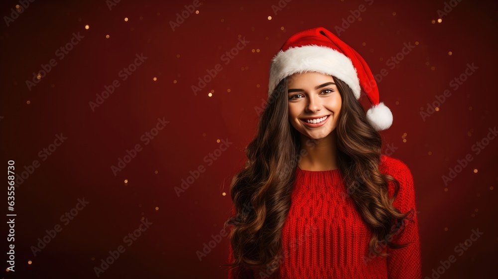 beautiful woman in santa hat posing on red background stock photo created with Generative AI technology beautiful woman in santa hat posing on red background stock photo created with Generative AI technology