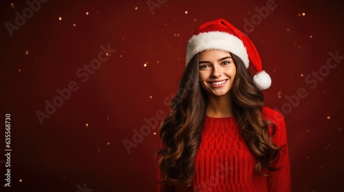 beautiful woman in santa hat posing on red background stock photo created with Generative AI technology