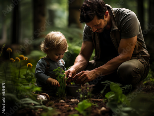 A little boy accompanied by his father, exploring the serene beauty of the forest and connecting with nature.