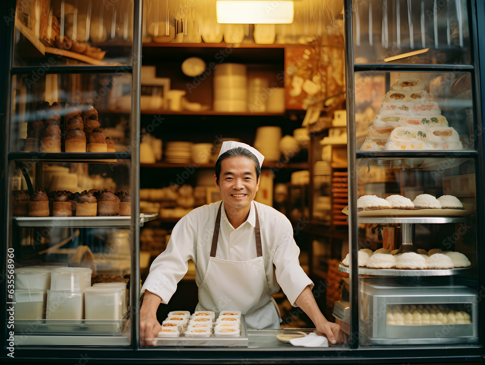 Japanese Baker greeting in Bakery shop film mood small business concept