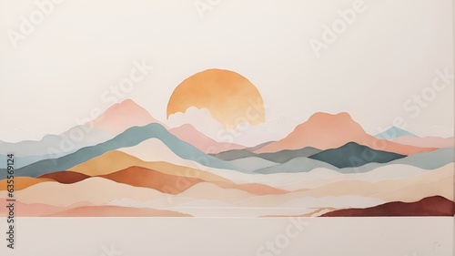 watercolor painting on the mountain, minimalistic background art with mild colors, using Boho style