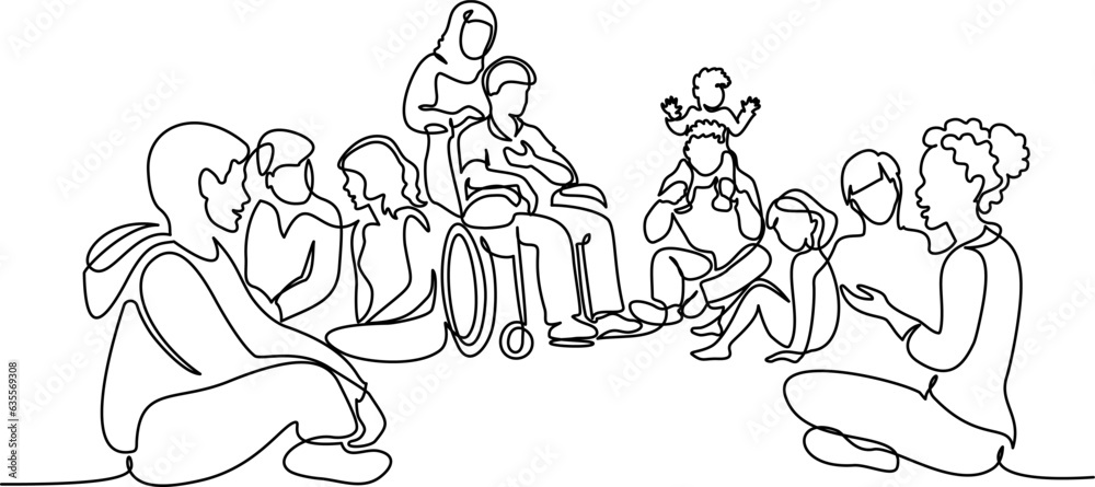 Fototapeta premium Group of people different nations and ages sitting on ground together