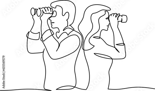 Man and woman looking into distance with binoculars. Continuous one line drawing