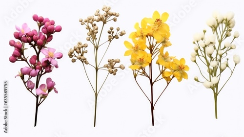 Set of small sprigs of yellow flowers of berberis thunbergii  Pink chamelaucium and white gypsophila on white background.