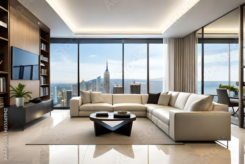 Interior luxuoso da sala de estar com vista panorâmica da cidade. renderização 3D