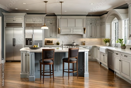 renderização 3D de um design de interiores de cozinha moderna em uma casa de luxo photo