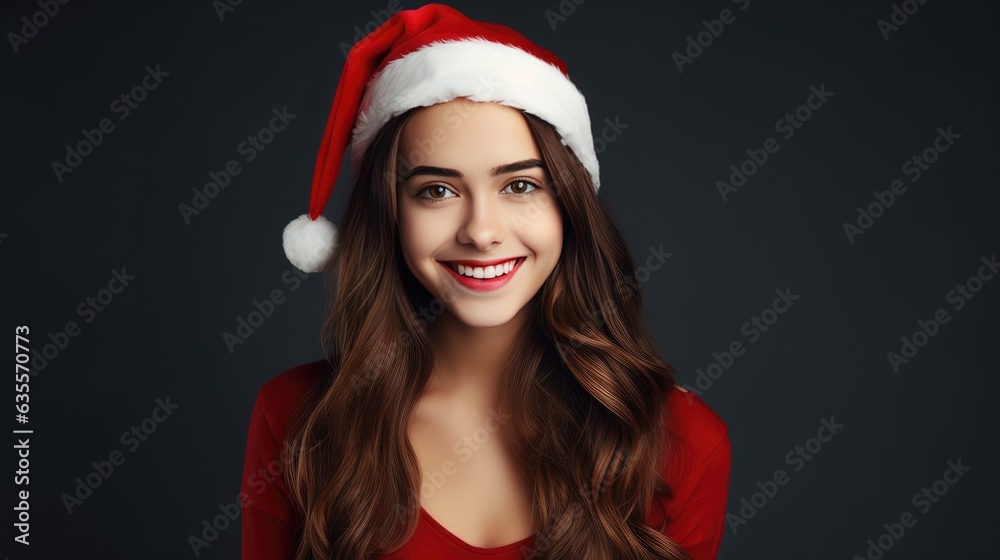 beautiful woman in santa hat posing on dark background stock photo created with Generative AI technology beautiful woman in santa hat posing on dark background stock photo created with Generative AI technology