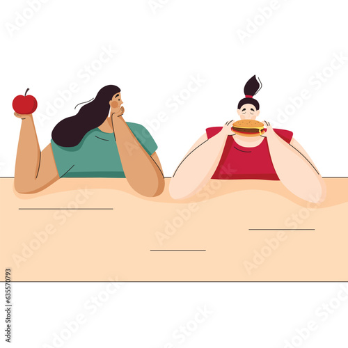 Eating disorders. Girl worrying about her appearance, eating fast food. Cartoon woman looking at hamburgers, fridge thinking about being overweight. Diet, health. Flat vector illustration.  photo