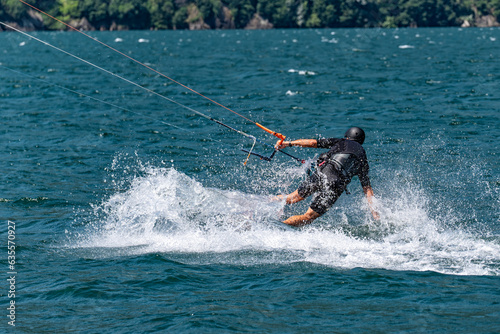 Close-up of a kitesurfer on Lake Como