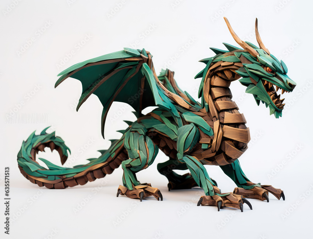 Obraz premium Green wooden dragon. Symbol of the new 2024 year. Mythical creature from fantasy stories. White back.