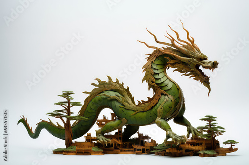 Green wooden dragon. Symbol of the new 2024 year. Mythical creature from fantasy stories. White back. © solidmaks