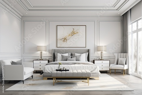 In my video, theres a with a modern classic bedroom design featuring white wood and gold steel textures, along with gray furniture and a bed set. photo
