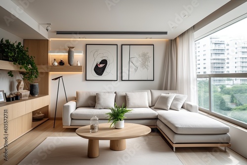 Living area with small light colored sofa  wooden table  and light flooring.