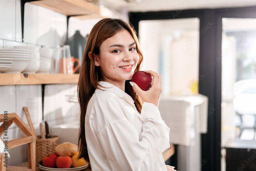 Activity at home leisure lifestyle concept, Young woman in clothes casual standing in kitchen room and Activity at home leisure lifestyle concept, Young woman in clothes casual standing in kitchen room and