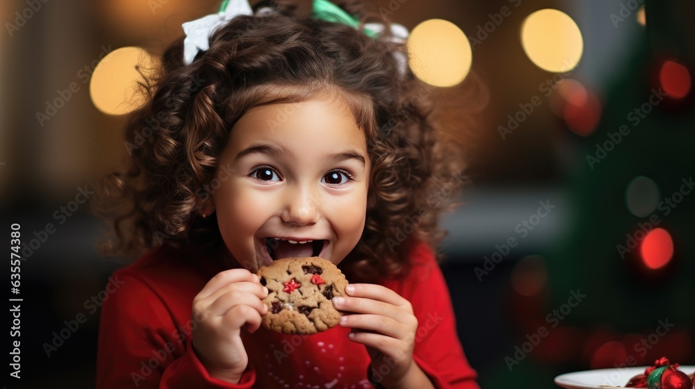 little girl with christmas hat eating christmas cookie created with Generative AI technology little girl with christmas hat eating christmas cookie created with Generative AI technology