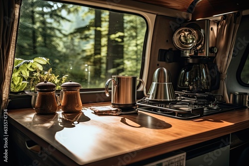 Indoor table in converted camper van or RV kitchen with coffee kettle and grinder. Vanlife concept for digital nomads with outdoor camp vibes.