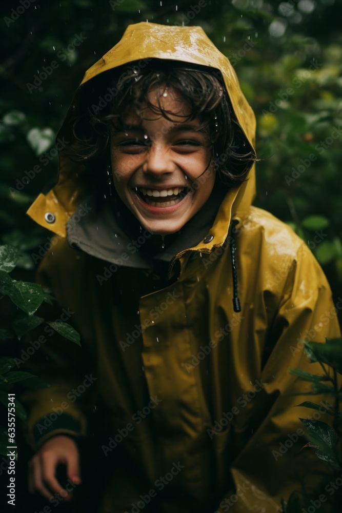 A smiling young boy stands in the sunshine, wearing a cheerful yellow rain jacket, emphasizing his connection to nature and the outdoors