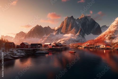 Captivating sunrise over Reine, stunning beauty of Lofoten fishing village with snow-capped mountains, red cabins, and serene nature. Generative AI © Iridessa