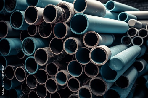 Stacked plastic pipes on concrete for industrial or plumbing use. Generative AI